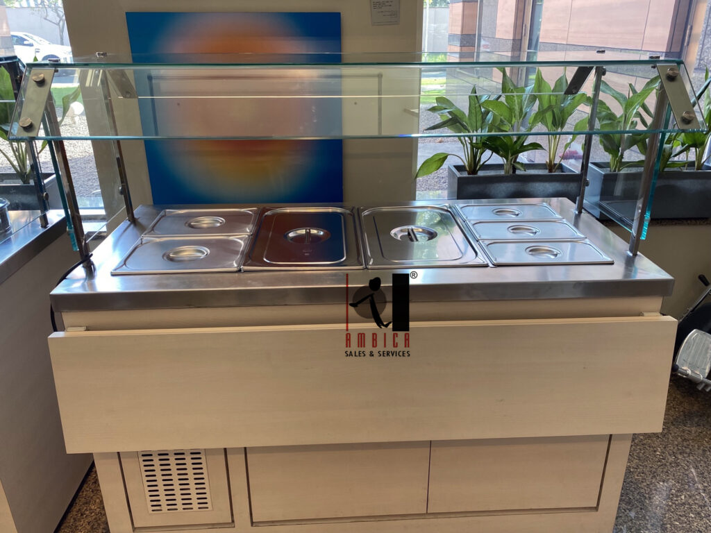 Cold Salad Counter with wooden covering foldable flaps sneeze guard