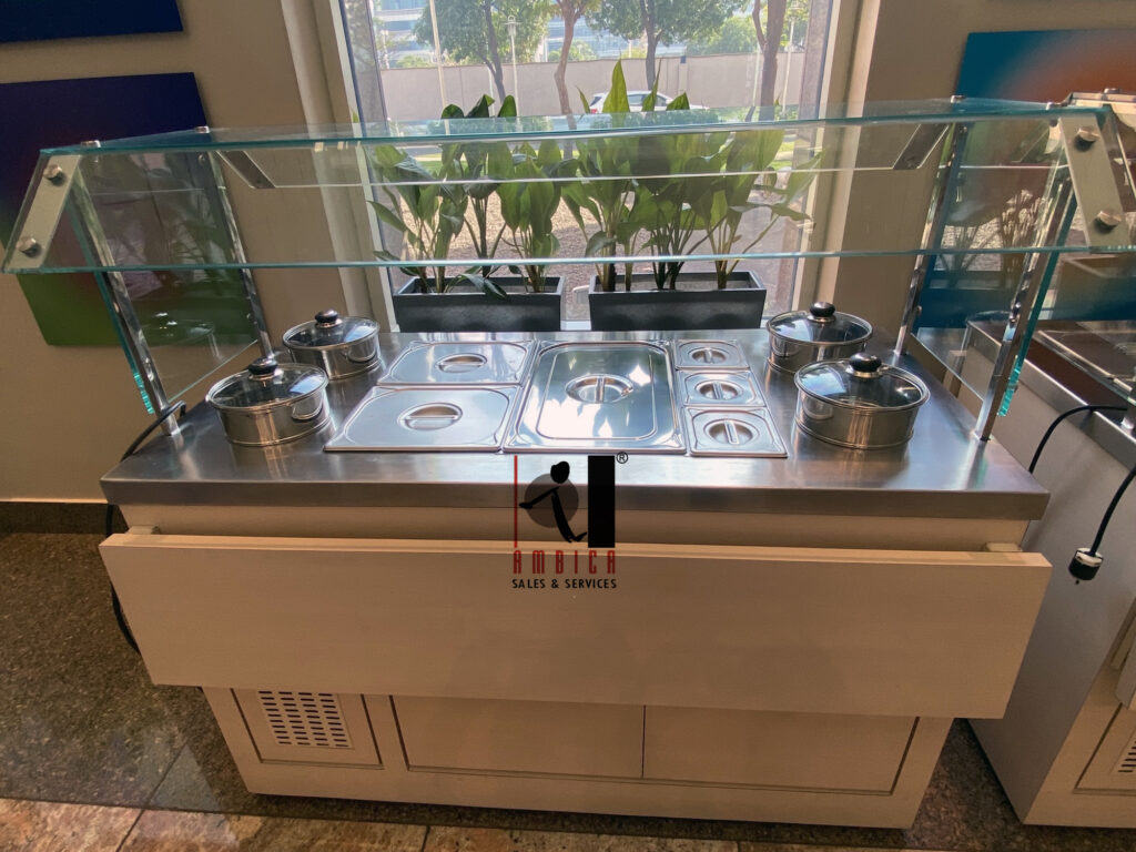 Hot Bain Marie Counter with wooden covering foldable flaps sneeze guard